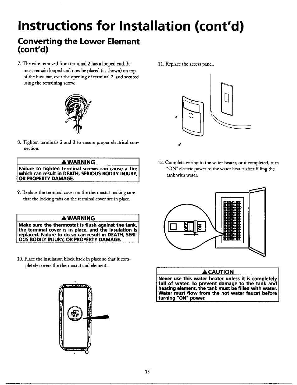 Converting the lower element (cont'd), Warning, Caution | Converting the lower element -15, Instructions for installation (cont'd) | Maytag SERIES NINE HE2940L User Manual | Page 15 / 36