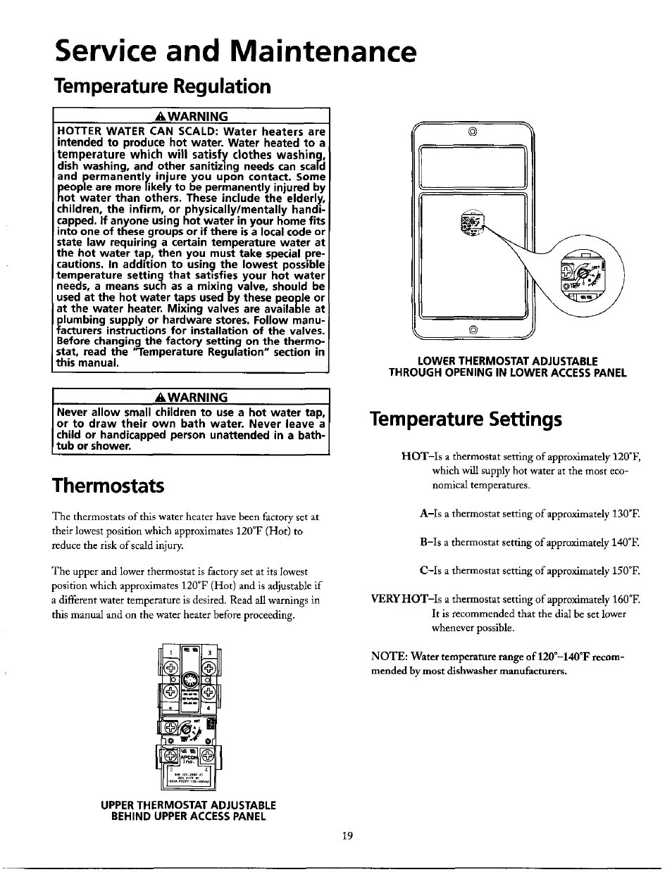 Service and maintenance, Temperature regulation, Awarning | Thermostats, Temperature settings, Temperature regulation thermostats | Maytag SERIES NINE HE2940L User Manual | Page 19 / 36