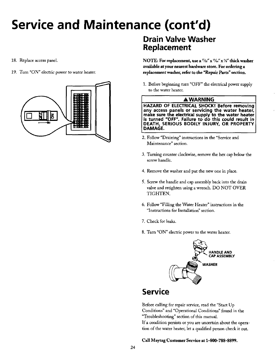 Drain valve washer replacement, A warning, Service | Service and maintenance (cont'd) | Maytag SERIES NINE HE2940L User Manual | Page 24 / 36