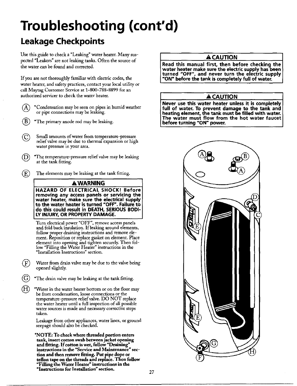 Troubleshooting (cont'd), Leakage checkpoints, A caution | Maytag SERIES NINE HE2940L User Manual | Page 27 / 36