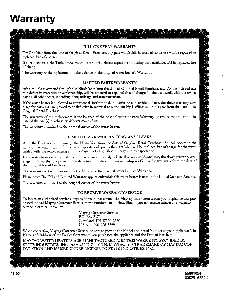 Warranty | Maytag SERIES NINE HE2940L User Manual | Page 36 / 36