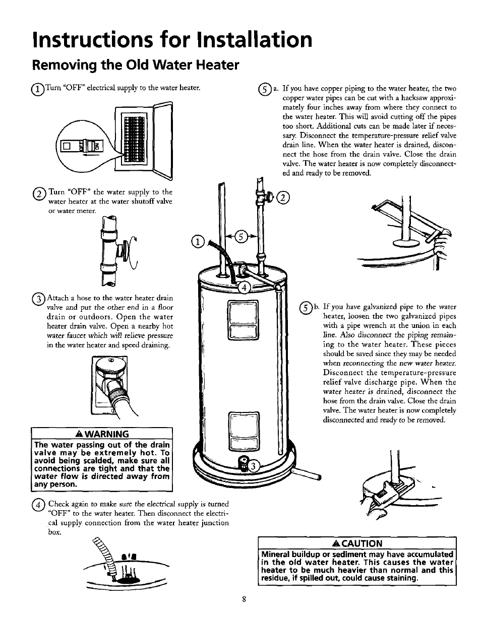Instructions for installation, Removing the old water heater, A warning | A caution | Maytag SERIES NINE HE2940L User Manual | Page 8 / 36