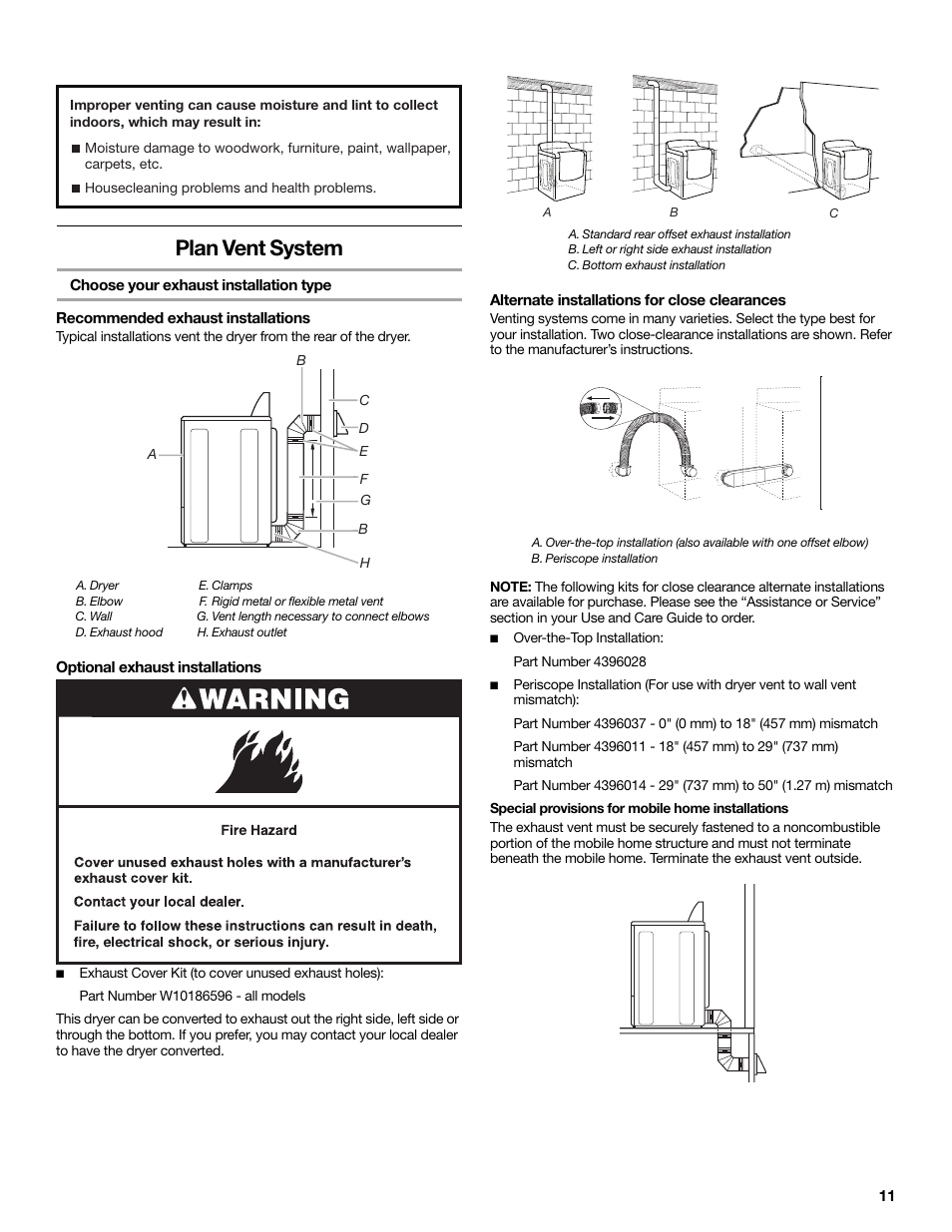 Plan vent system, Choose your exhaust installation type, Recommended exhaust installations | A. dryer, B. elbow, C. wall, D. exhaust hood, E. clamps, F. rigid metal or flexible metal vent, G. vent length necessary to connect elbows | Maytag W10267633A User Manual | Page 11 / 16
