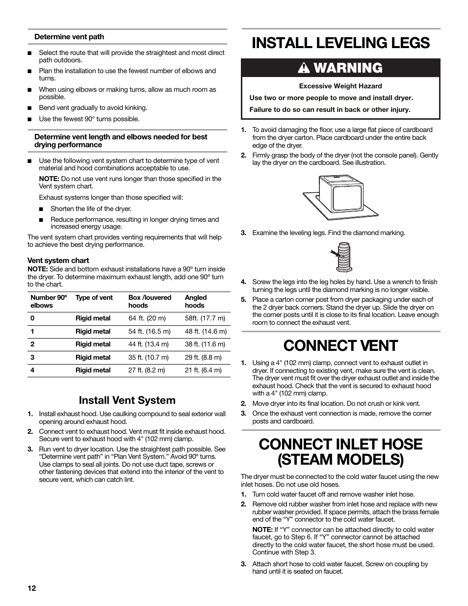 Determine vent path, Exhaust systems longer than those specified will, Vent system chart | Number 90º elbows, Type of vent, Box /louvered hoods, Angled hoods, Rigid metal, Install vent system, Install leveling legs | Maytag W10267633A User Manual | Page 12 / 16