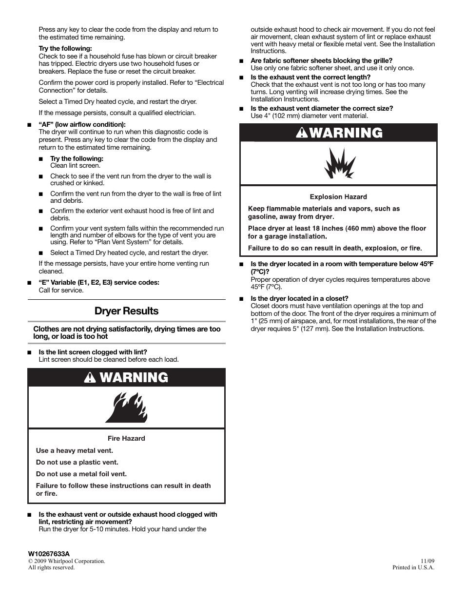 Dryer results, Warning | Maytag W10267633A User Manual | Page 16 / 16