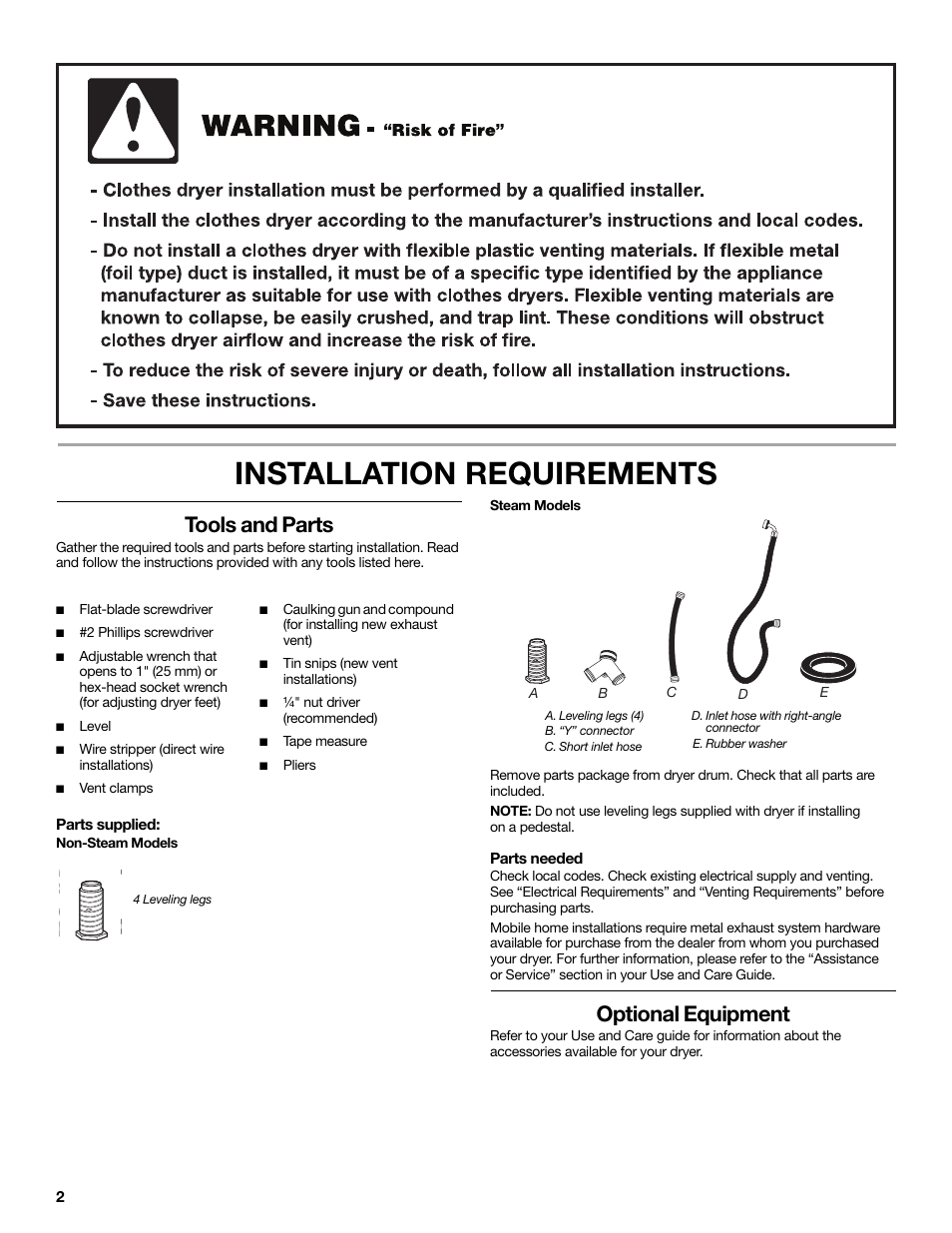 Installation requirements, Tools and parts, Parts supplied | Non-steam models, Steam models, A. leveling legs (4), B. “y” connector, C. short inlet hose, D. inlet hose with right-angle connector, E. rubber washer | Maytag W10267633A User Manual | Page 2 / 16