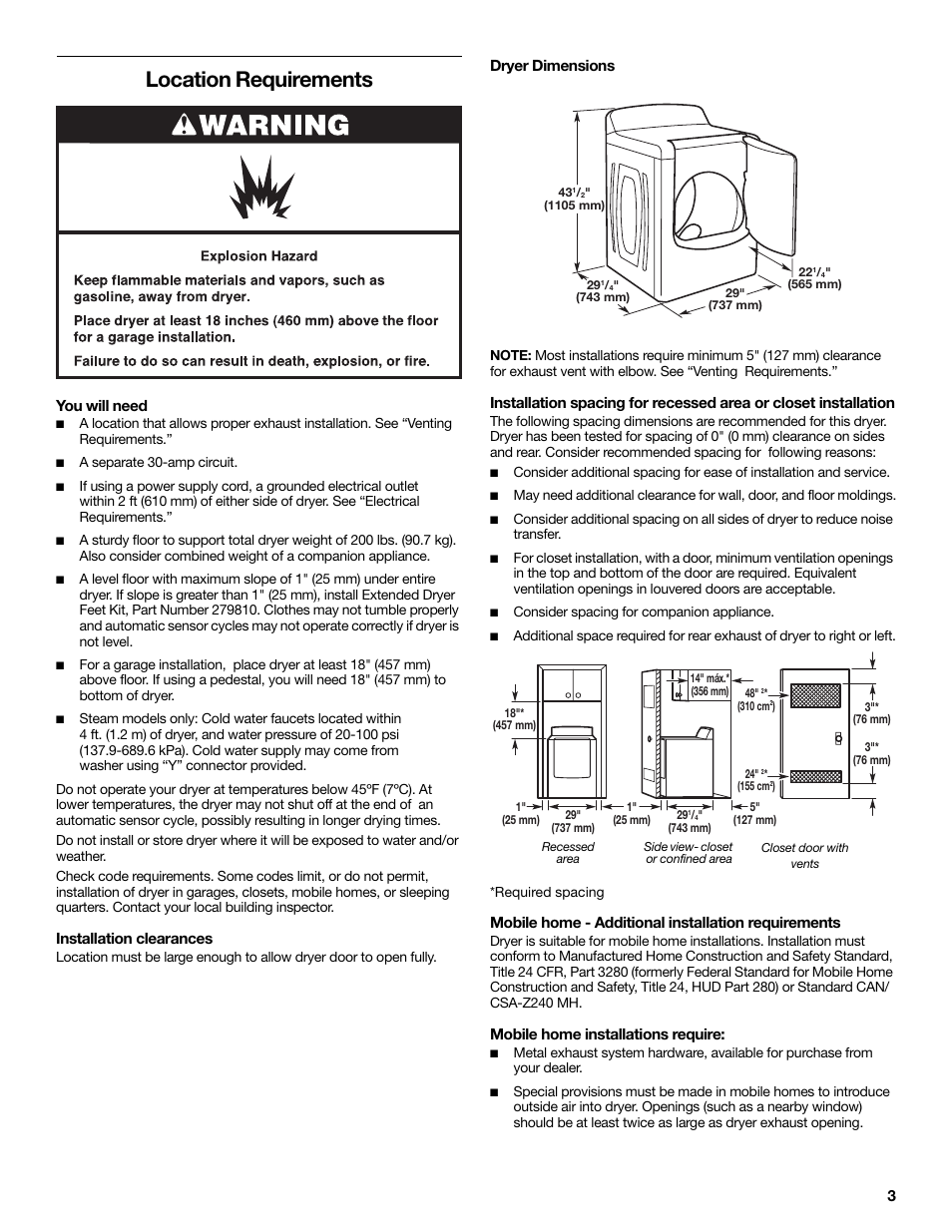 Location requirements, You will need, Installation clearances | Dryer dimensions, Recessed area, Side view- closet or confined area, Closet door with vents, Mobile home - additional installation requirements, Mobile home installations require | Maytag W10267633A User Manual | Page 3 / 16