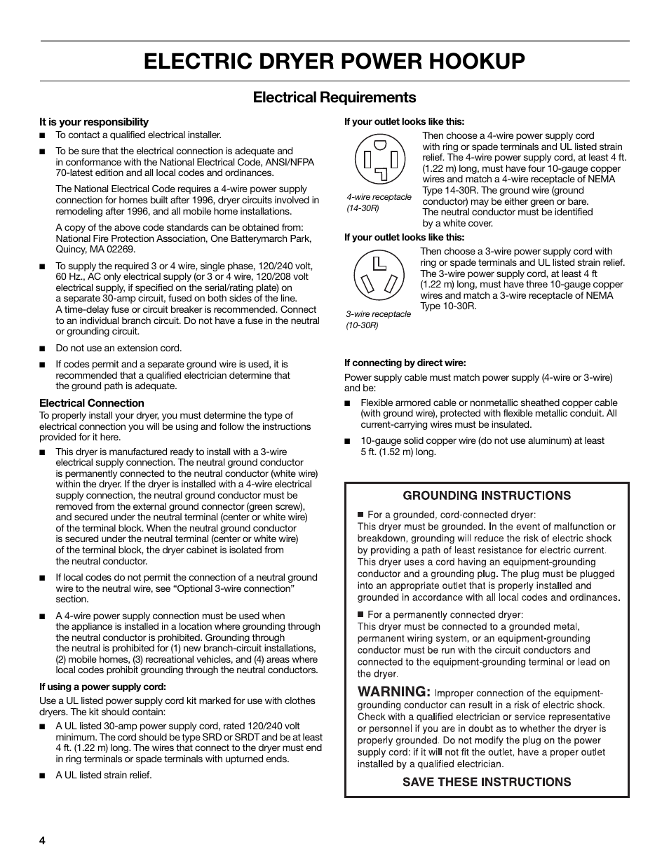 Electric dryer power hookup, Electrical requirements, It is your responsibility | Electrical connection, If using a power supply cord, If your outlet looks like this, If connecting by direct wire | Maytag W10267633A User Manual | Page 4 / 16