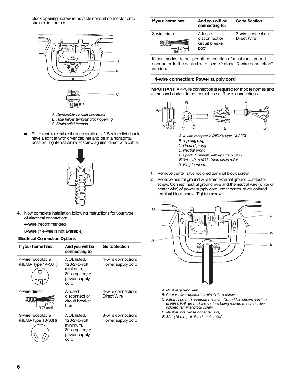 A. removable conduit connector, B. hole below terminal block opening, C. strain relief threads | Wire (recommended), Wire (if 4-wire is not available), Electrical connection options, If your home has, And you will be connecting to, Go to section, Wire connection: power supply cord | Maytag W10267633A User Manual | Page 6 / 16