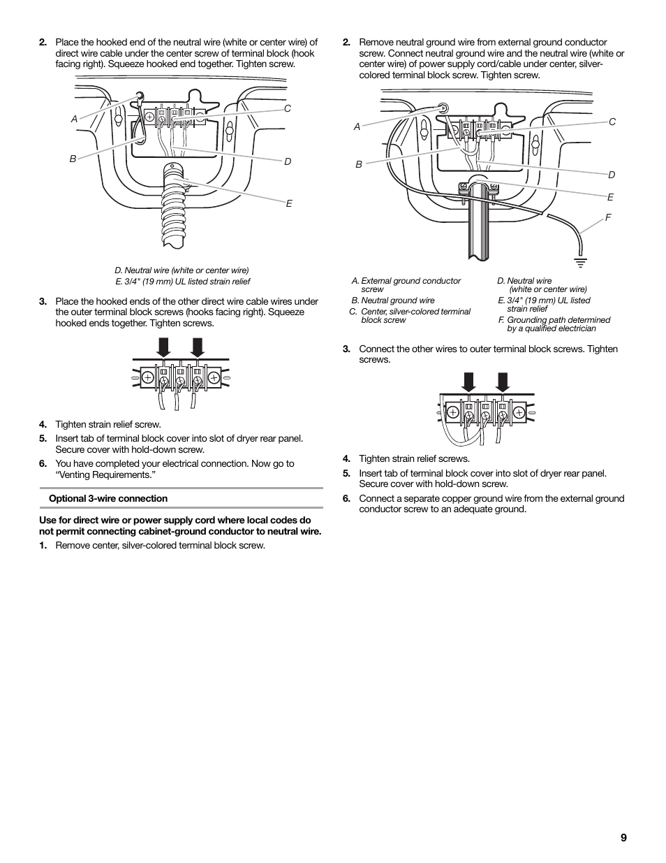 D. neutral wire (white or center wire), E. 3/4" (19 mm) ul listed strain relief, Tighten strain relief screw | Optional 3-wire connection, Remove center, silver-colored terminal block screw, A. external ground conductor screw, B. neutral ground wire, C. center, silver-colored terminal block screw, Tighten strain relief screws | Maytag W10267633A User Manual | Page 9 / 16