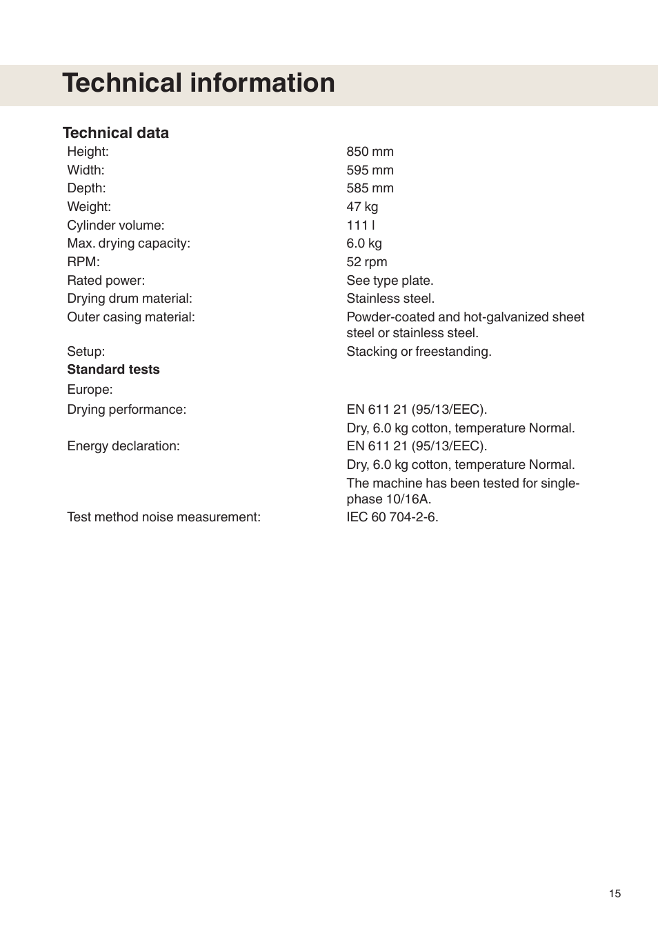 Technical information | Maytag MDE9601 User Manual | Page 15 / 28