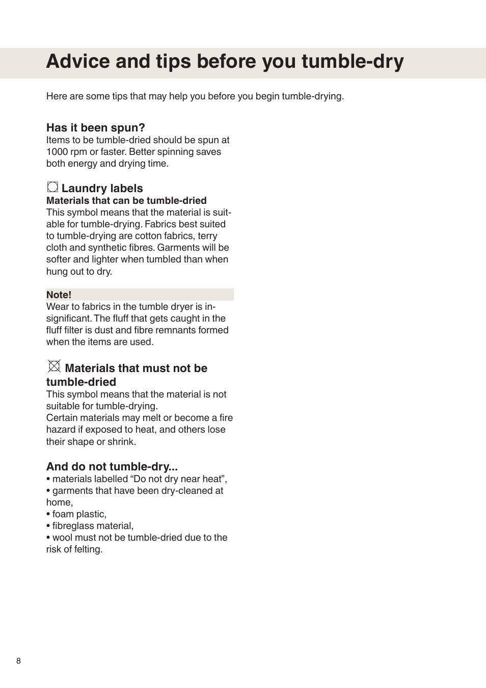 Advice and tips before you tumble-dry | Maytag MDE9601 User Manual | Page 8 / 28