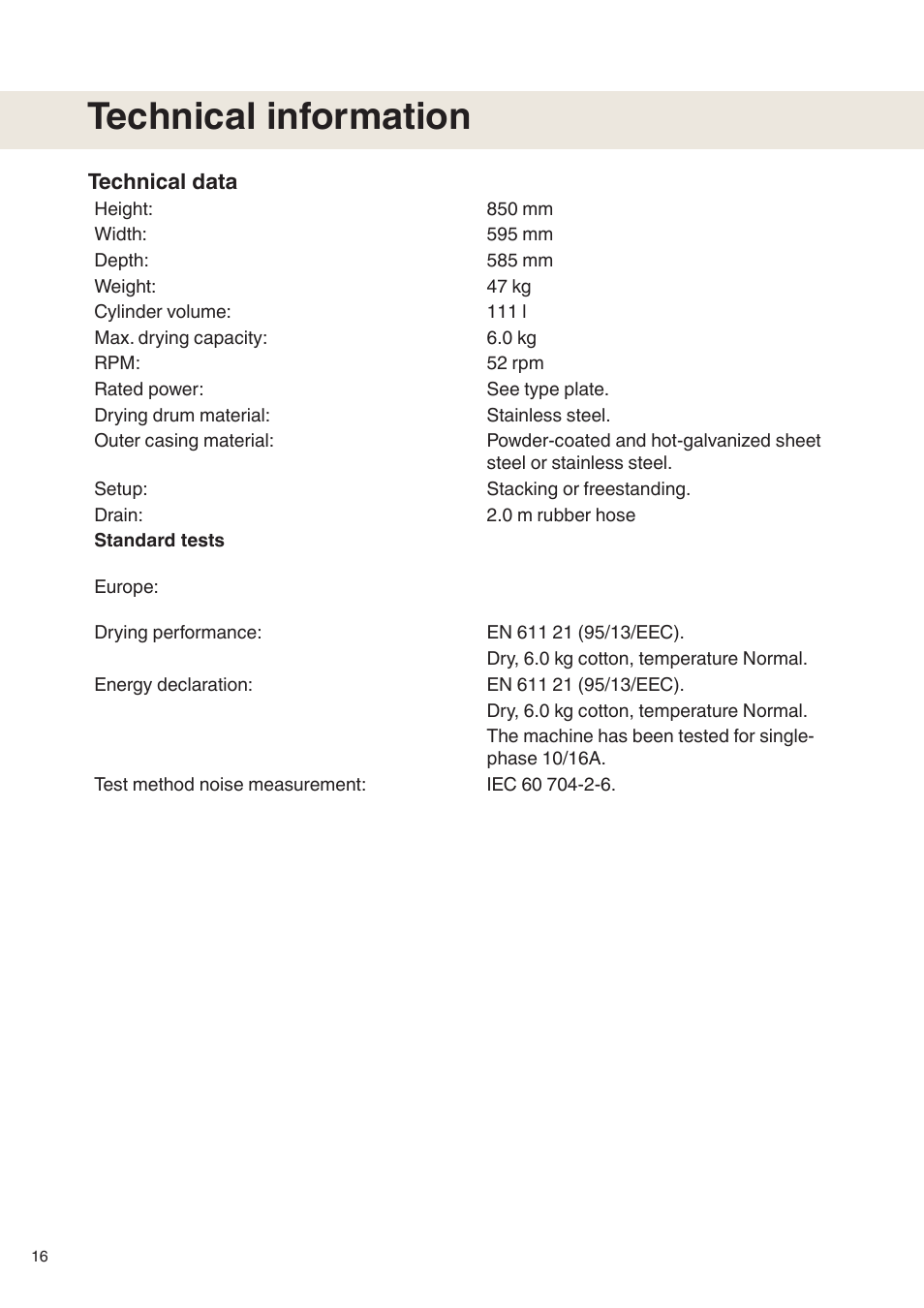 Technical information | Maytag MDE9651 User Manual | Page 16 / 24