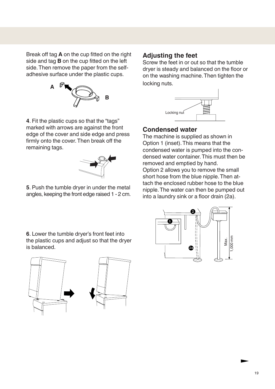 Adjusting the feet, Condensed water | Maytag MDE9651 User Manual | Page 19 / 24