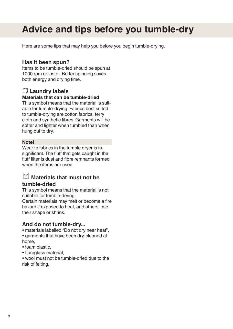 Advice and tips before you tumble-dry | Maytag MDE9651 User Manual | Page 8 / 24