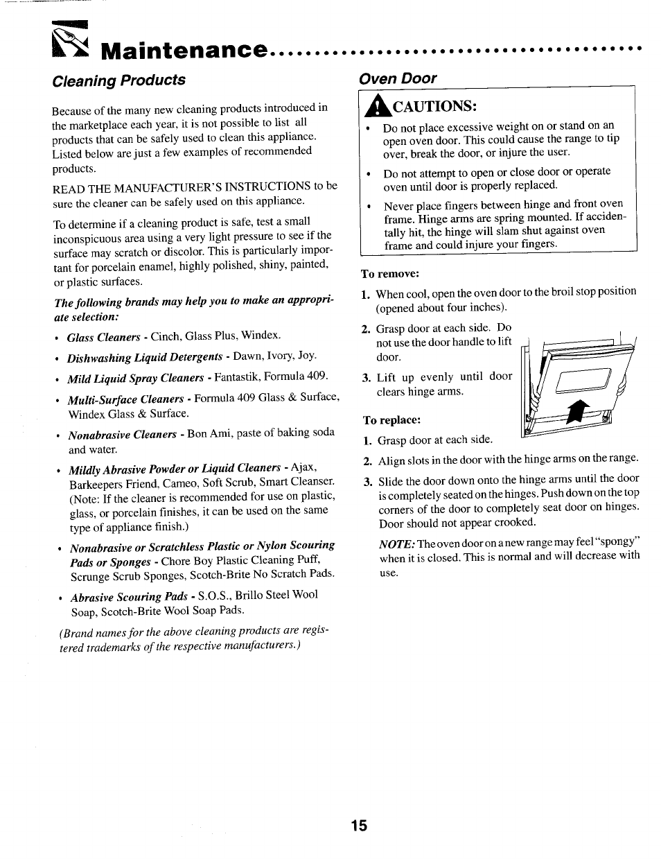 Maintenance, Cleaning products, Oven door | To remove, To replace, Maintenance -16, Autions | Maytag MER4530 User Manual | Page 16 / 20