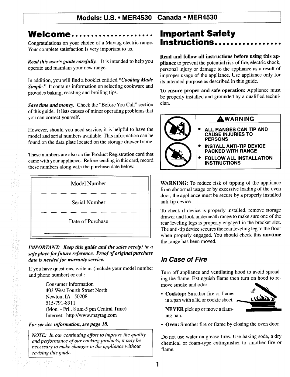 Welcome, Important safety instructions, In case of fire | Awarning | Maytag MER4530 User Manual | Page 2 / 20