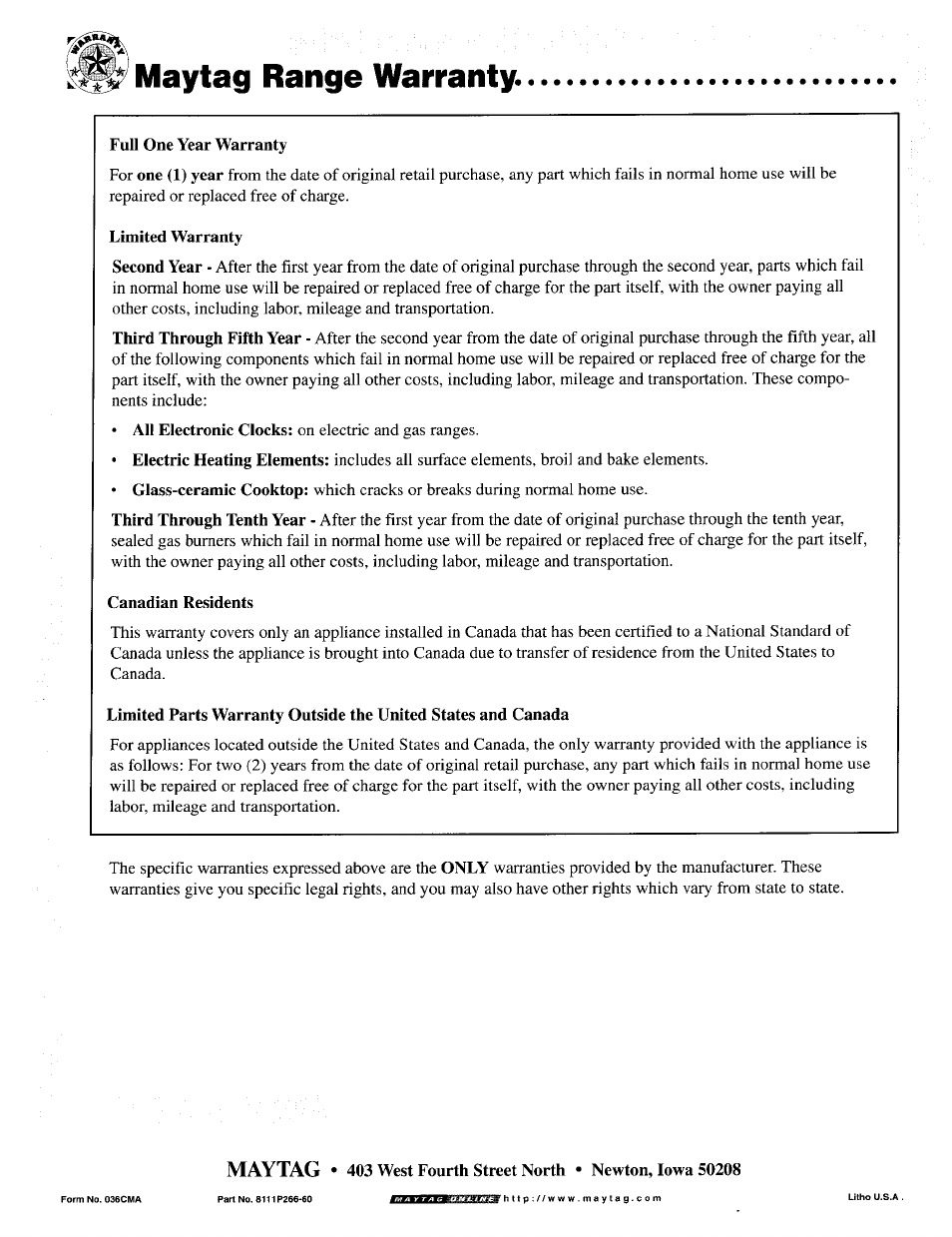 Maytag range warranty, Full one year warranty, Limited warranty | Canadian residents, Maytag | Maytag MER4530 User Manual | Page 20 / 20