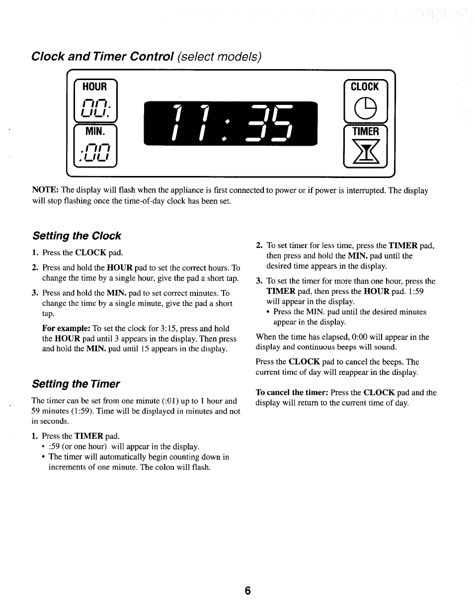 Clock and timer control (select models), Setting the clock, Setting the timer | Maytag MER4530 User Manual | Page 7 / 20