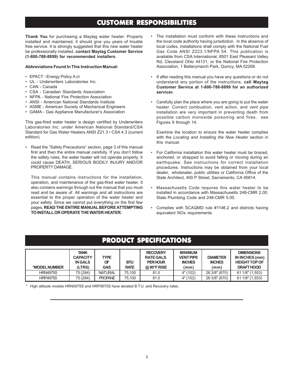 Customer responsibilities | Maytag HRN4975S User Manual | Page 5 / 32