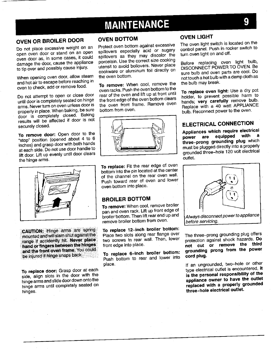 Oven or broiler door, Maintenance, Oven bottom | Oven light | Maytag X9112VUV User Manual | Page 10 / 14