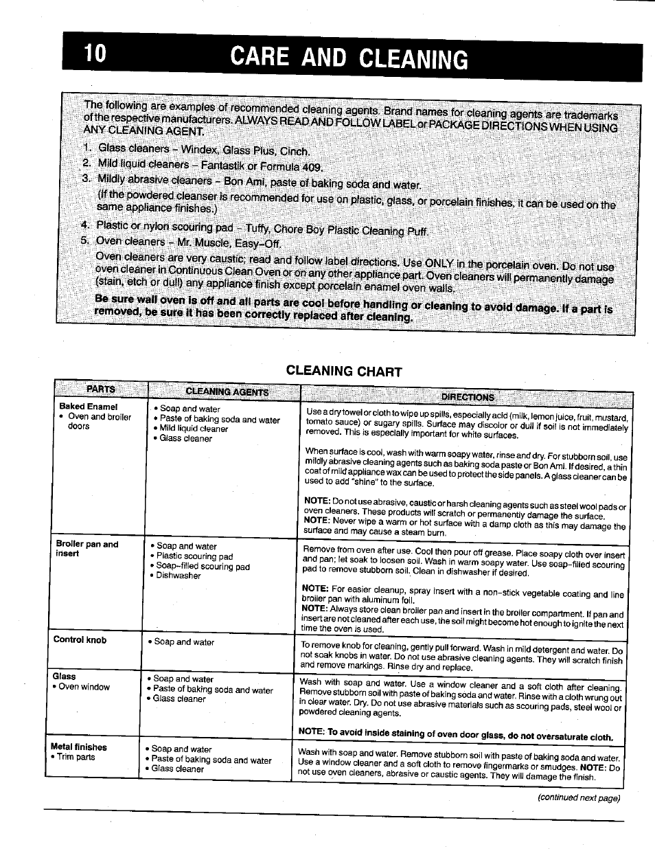 Care and cleaning, Cleaning chart, Oveh ifused | Powreretsg agel | Maytag X9112VUV User Manual | Page 11 / 14