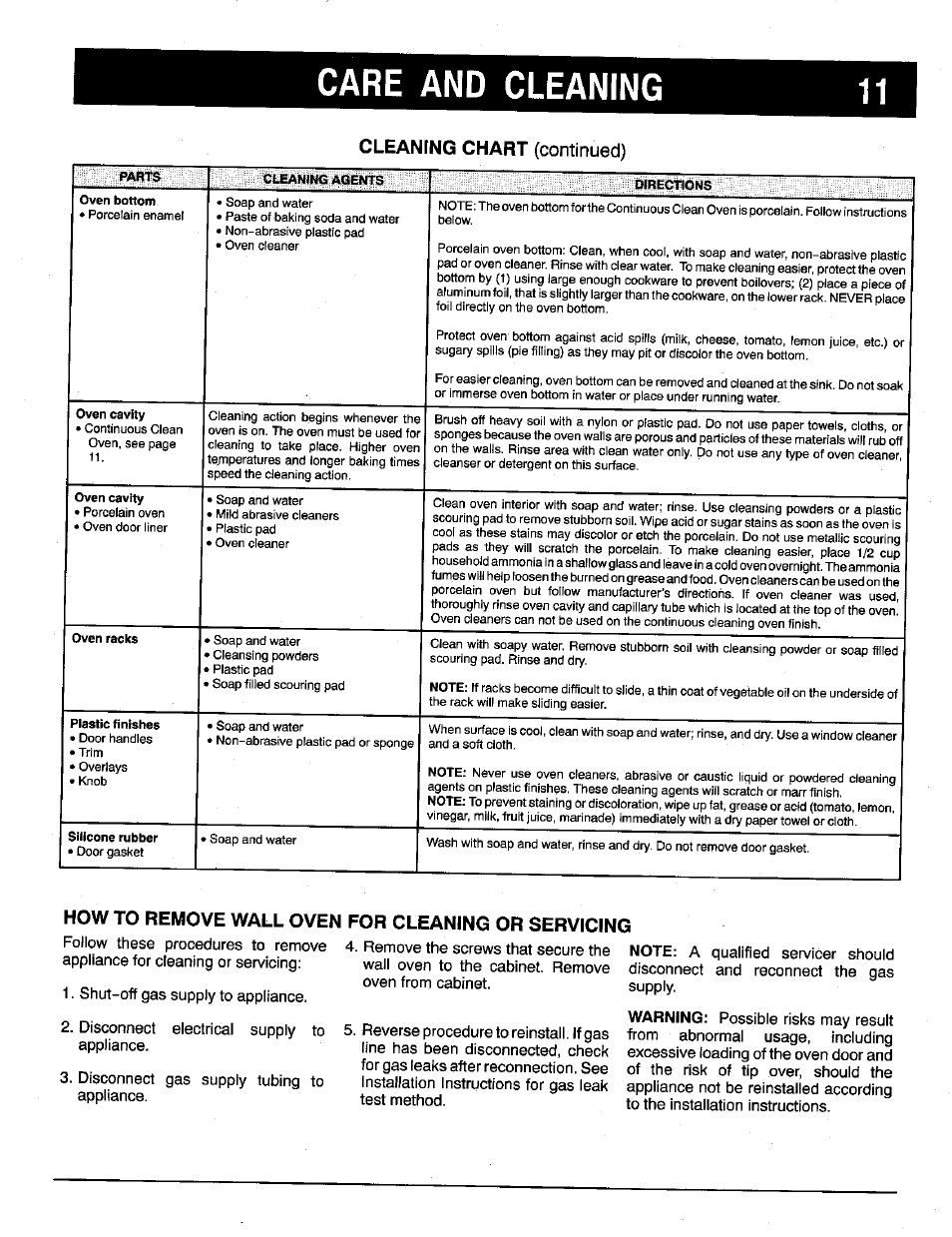 Cleaning chart (continued), How to remove wall oven, Care and cleaning | For cleaning or servicing | Maytag X9112VUV User Manual | Page 12 / 14