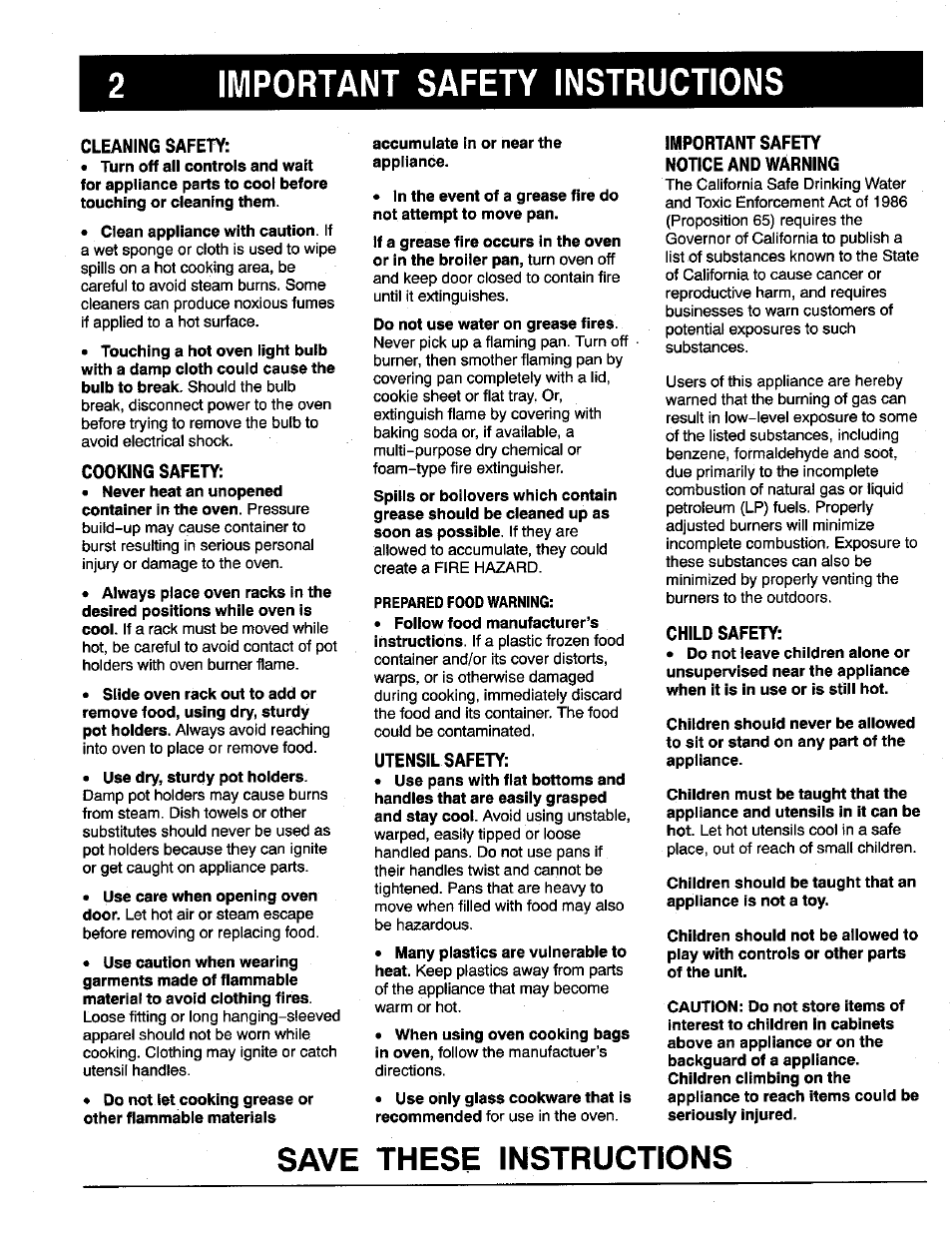 Important safety instructions, Cleaning safety, Cooking safety | Accumulate in or near the appliance, Prepared food warning, Utensil safety, Important safety notice and warning, Child safety, Save these instructions | Maytag X9112VUV User Manual | Page 3 / 14
