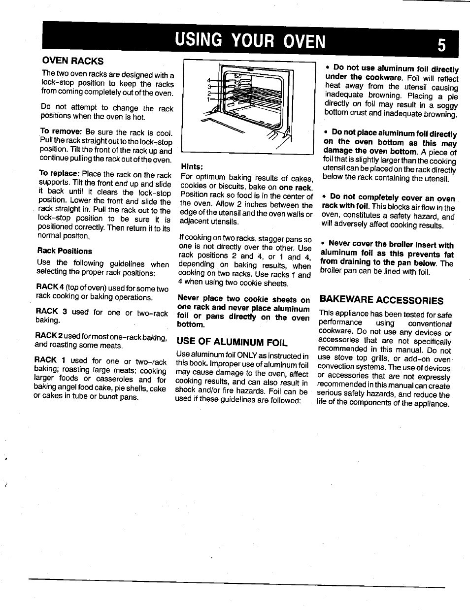 Oven racks, Rack positions, Bakeware accessories | Using your oven | Maytag X9112VUV User Manual | Page 6 / 14