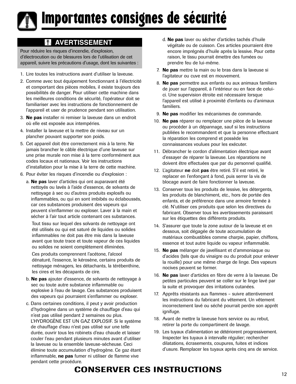 Importantes consignes de sécurité, Conserver ces instructions, Avertissement | Maytag MAV-3 User Manual | Page 13 / 36