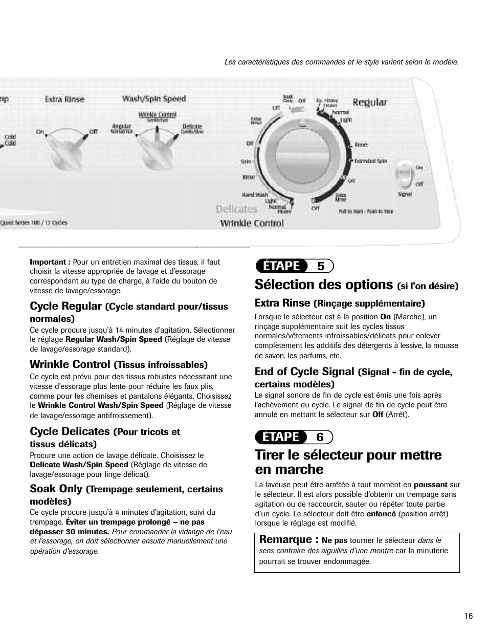 Tirer le sélecteur pour mettre en marche, Sélection des options, Étape 6 | Étape 5 | Maytag MAV-3 User Manual | Page 17 / 36