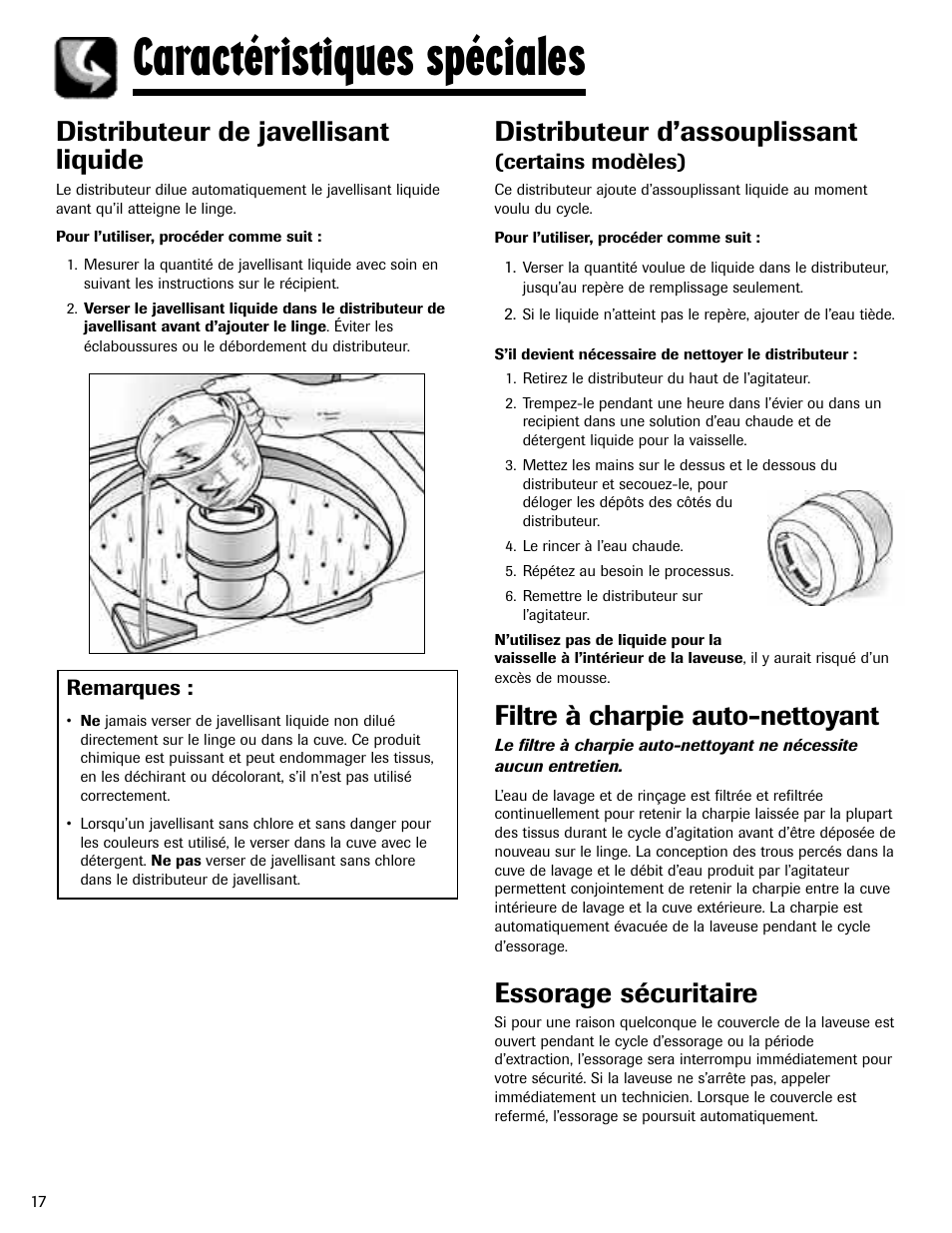 Caractéristiques spéciales, Distributeur de javellisant liquide, Distributeur d’assouplissant | Filtre à charpie auto-nettoyant, Essorage sécuritaire | Maytag MAV-3 User Manual | Page 18 / 36