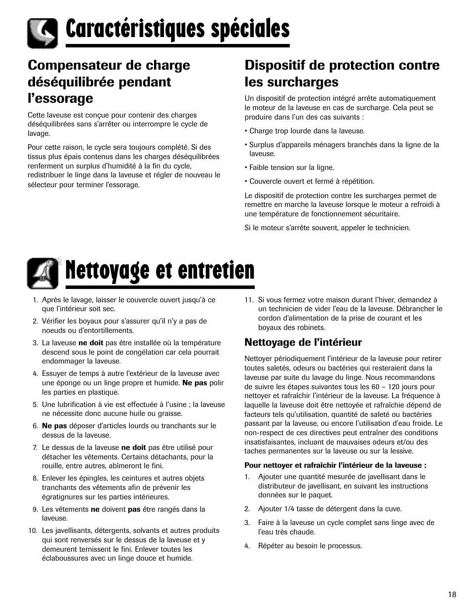 Caractéristiques spéciales nettoyage et entretien, Dispositif de protection contre les surcharges, Nettoyage de l’intérieur | Maytag MAV-3 User Manual | Page 19 / 36