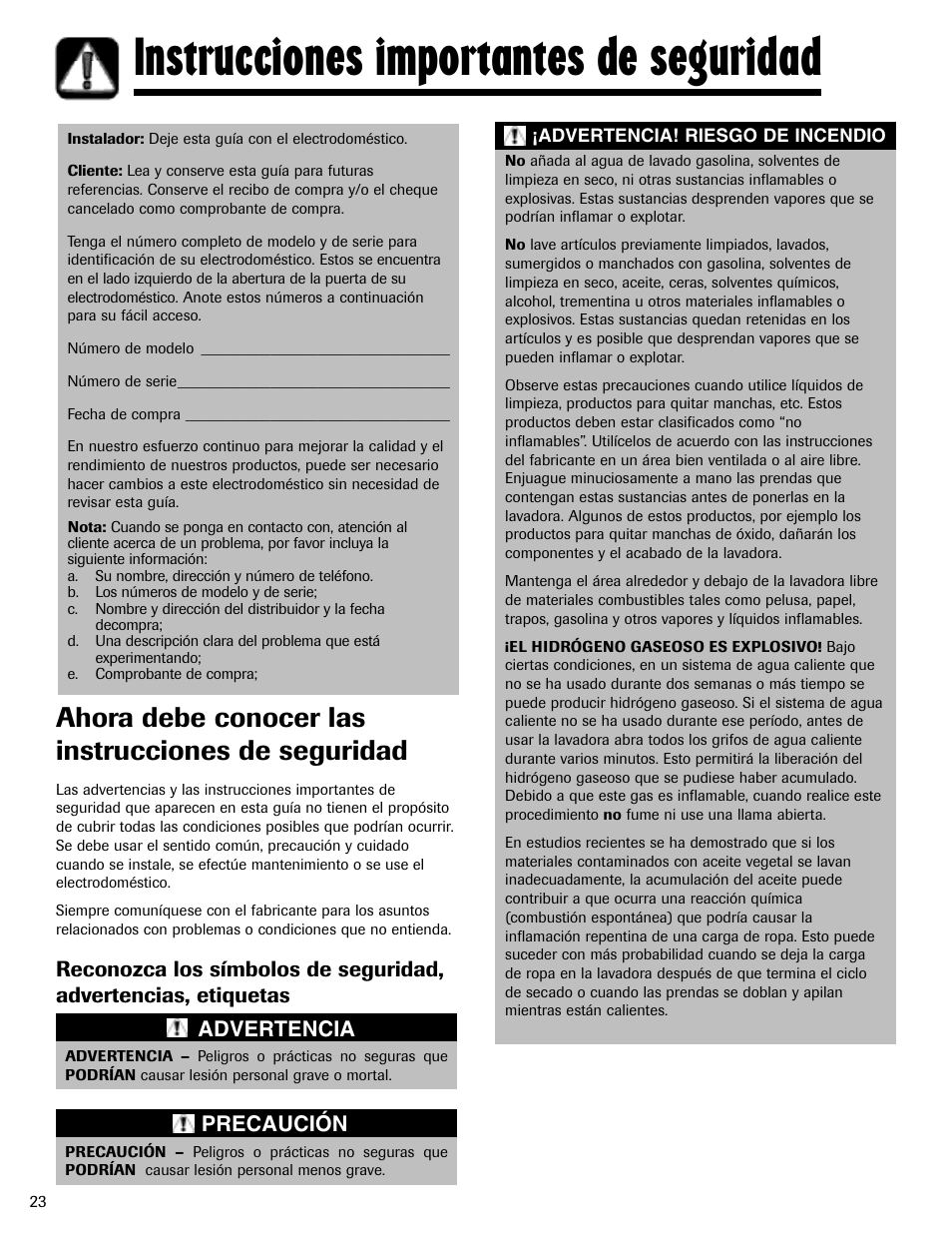 Instrucciones importantes de seguridad, Ahora debe conocer las instrucciones de seguridad, Advertencia | Precaución | Maytag MAV-3 User Manual | Page 24 / 36