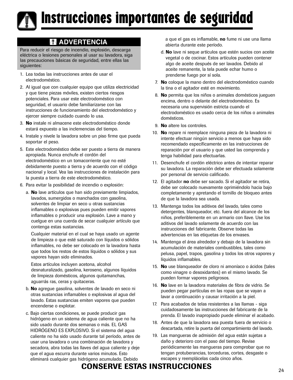 Instrucciones importantes de seguridad, Conserve estas instrucciones, Advertencia | Maytag MAV-3 User Manual | Page 25 / 36