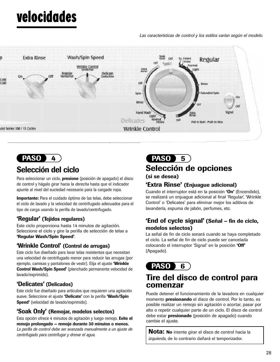 Velocidades, Selección del ciclo, Selección de opciones | Tire del disco de control para comenzar, Paso 4, Paso 5 paso 6 | Maytag MAV-3 User Manual | Page 29 / 36