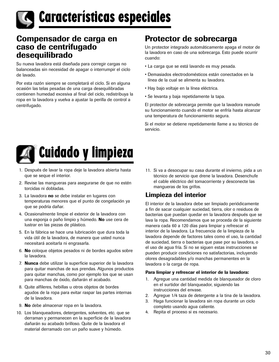 Características especiales cuidado y limpieza, Protector de sobrecarga, Limpieza del interior | Maytag MAV-3 User Manual | Page 31 / 36