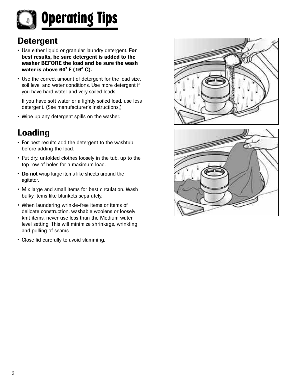 Operating tips, Detergent, Loading | Maytag MAV-3 User Manual | Page 4 / 36