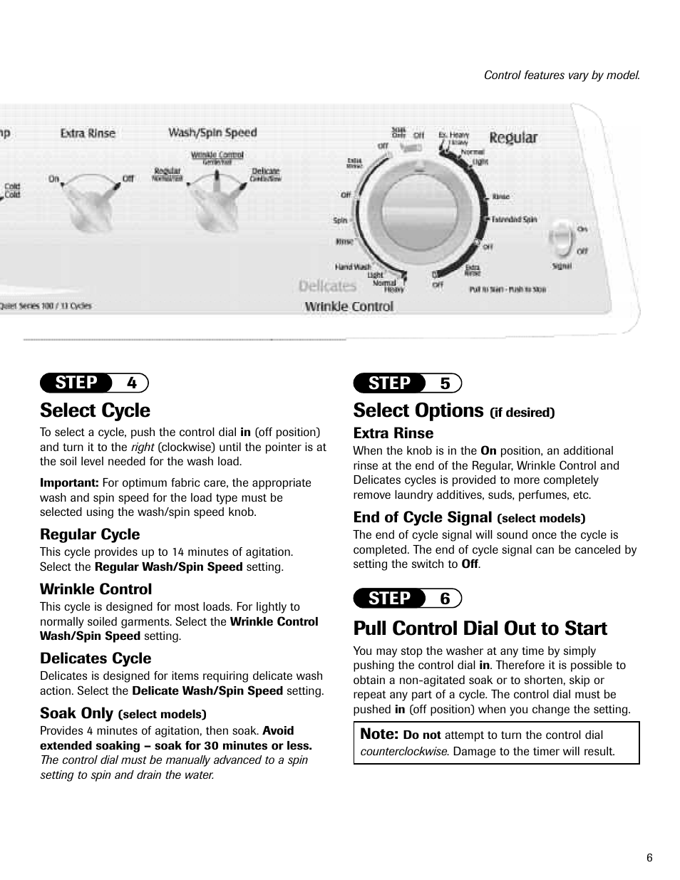 Select cycle, Pull control dial out to start, Select options | Step 4 step 6, Step 5 | Maytag MAV-3 User Manual | Page 7 / 36