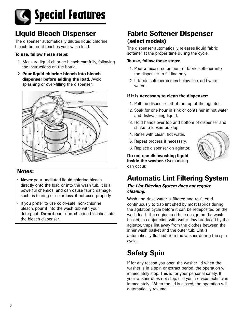 Special features, Liquid bleach dispenser, Fabric softener dispenser | Automatic lint filtering system, Safety spin | Maytag MAV-3 User Manual | Page 8 / 36