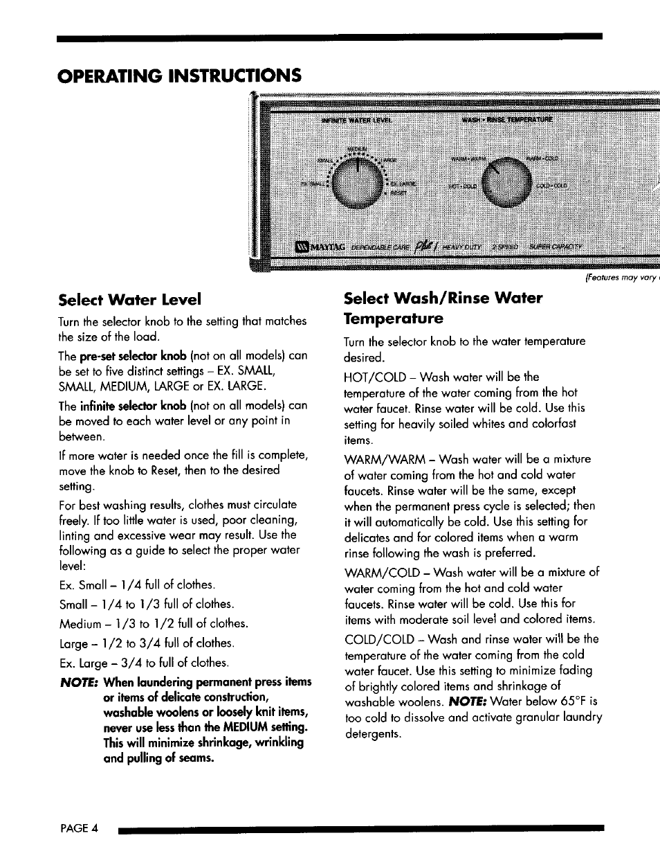 Operating instructions, Select water level, Select wash/rinse water temperature | Select water temperature | Maytag LAT8714 User Manual | Page 4 / 9