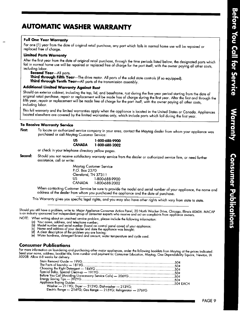 Automatic washer warranty, Consumer publications | Maytag LAT8714 User Manual | Page 9 / 9