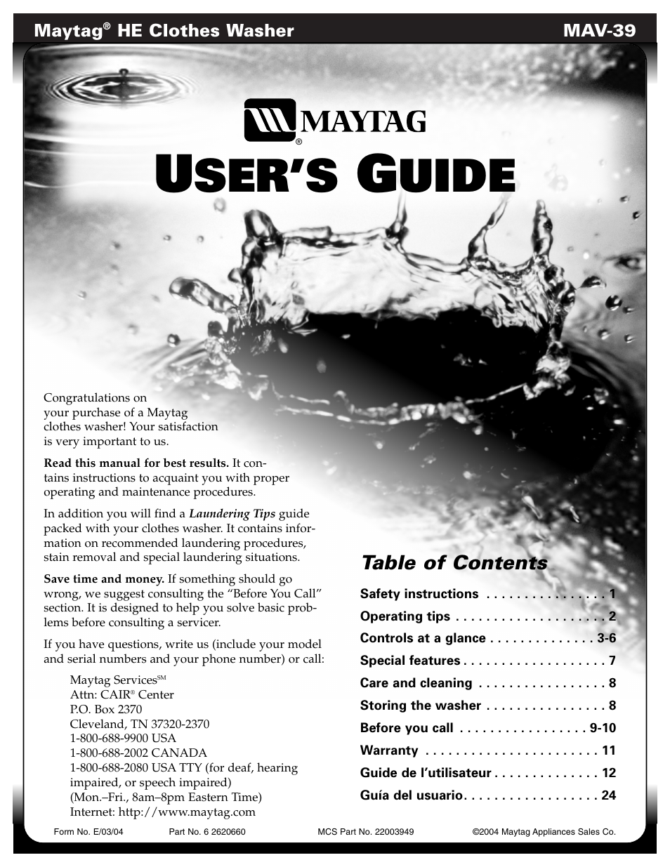 Maytag HE CLOTHES WASHER MAV-39 User Manual | 36 pages