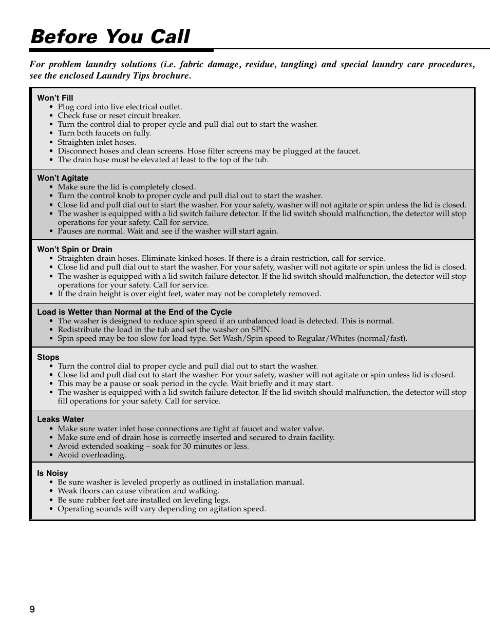 Before you call | Maytag HE CLOTHES WASHER MAV-39 User Manual | Page 10 / 36
