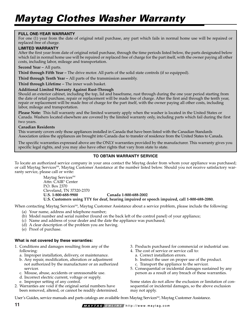 Maytag clothes washer warranty | Maytag HE CLOTHES WASHER MAV-39 User Manual | Page 12 / 36