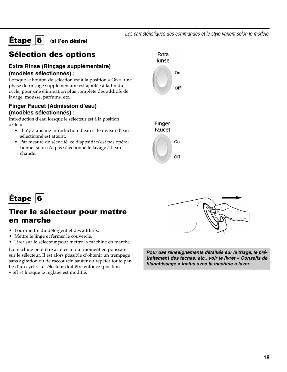 Tirer le sélecteur pour mettre en marche, Étape 6 étape 5, Sélection des options | Maytag HE CLOTHES WASHER MAV-39 User Manual | Page 19 / 36