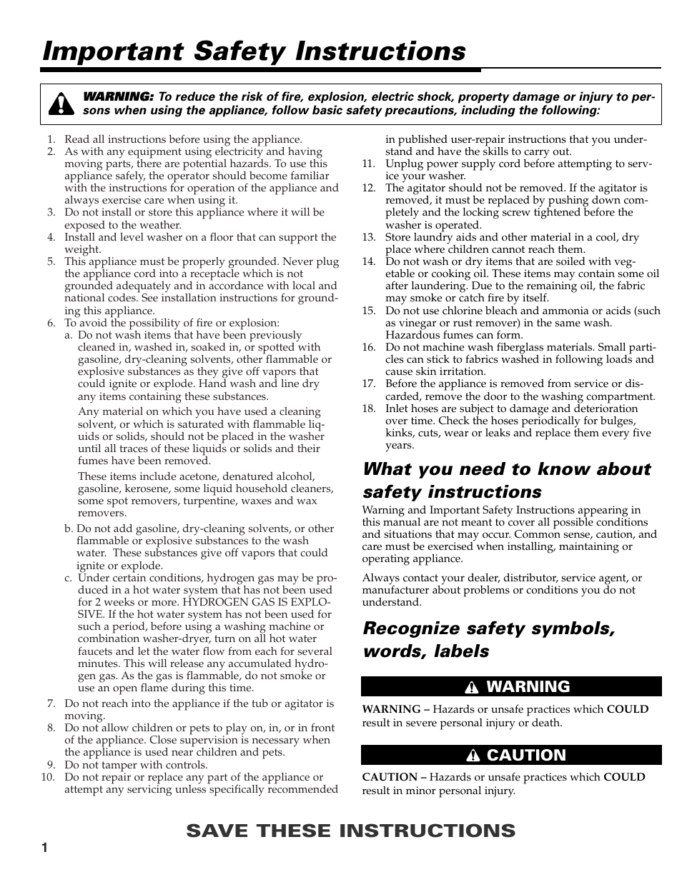 Important safety instructions, Save these instructions, Recognize safety symbols, words, labels | What you need to know about safety instructions, Warning caution | Maytag HE CLOTHES WASHER MAV-39 User Manual | Page 2 / 36