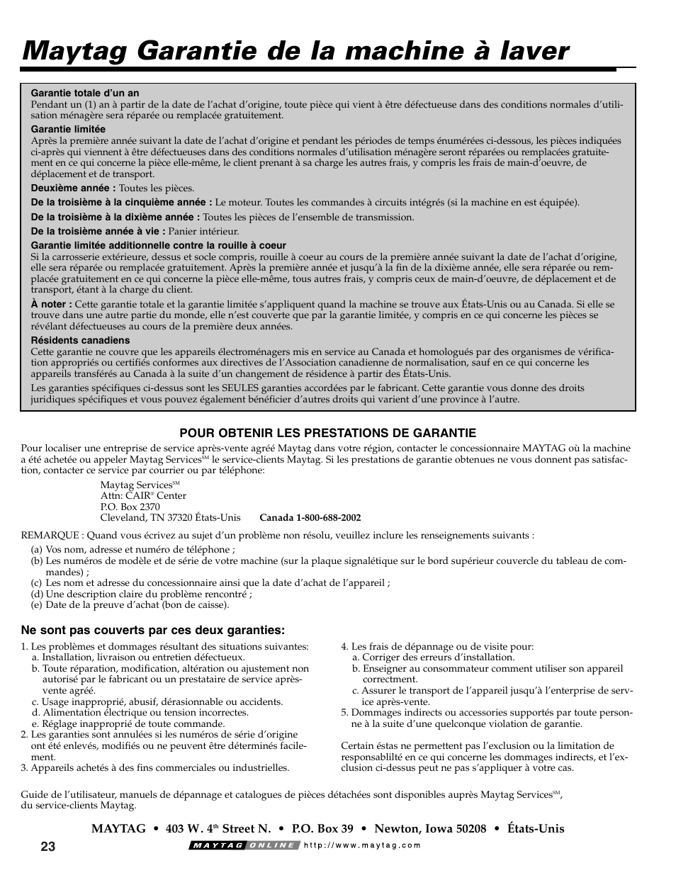 Maytag garantie de la machine à laver | Maytag HE CLOTHES WASHER MAV-39 User Manual | Page 24 / 36