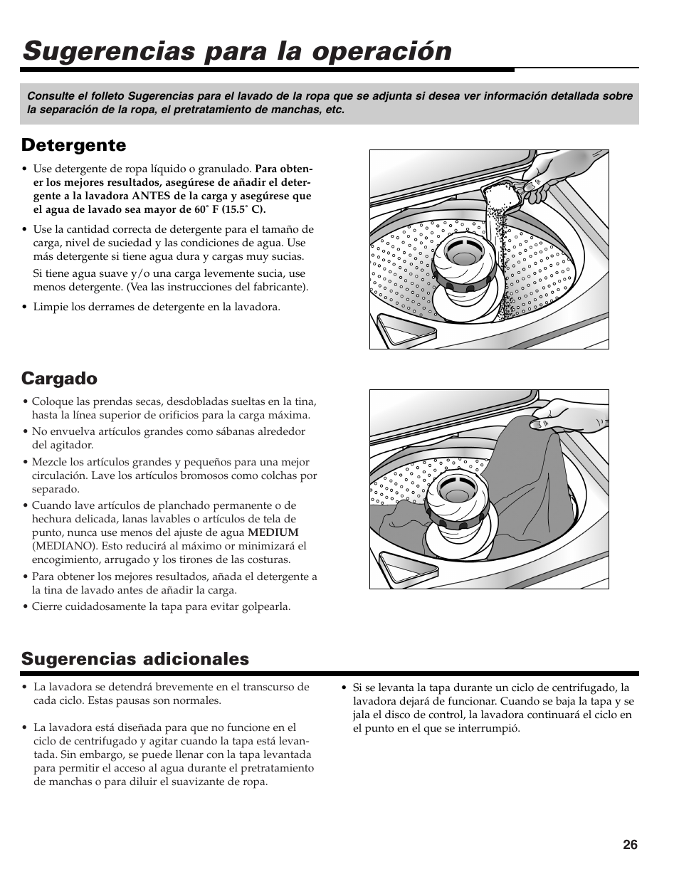 Sugerencias para la operación, Cargado, Sugerencias adicionales | Detergente | Maytag HE CLOTHES WASHER MAV-39 User Manual | Page 27 / 36