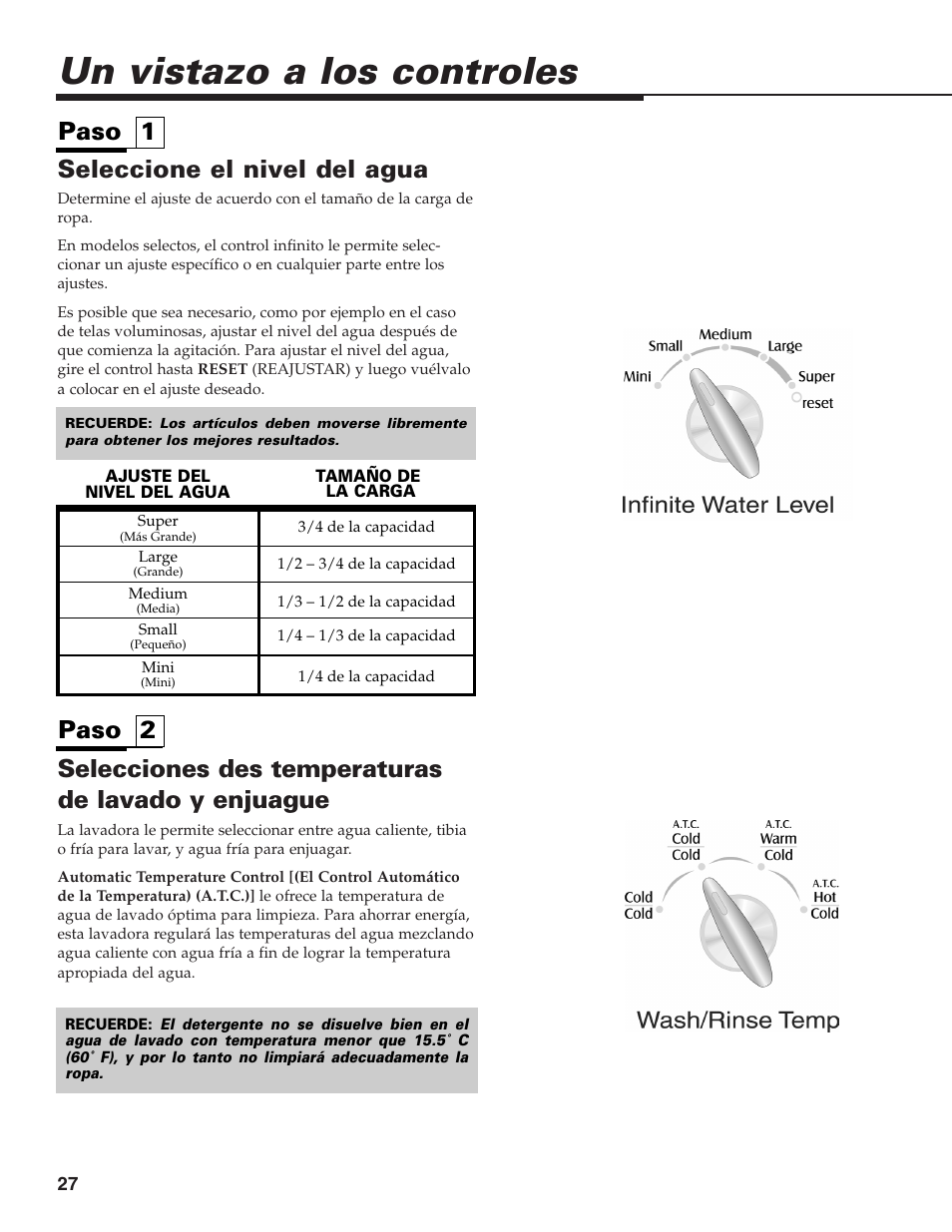 Un vistazo a los controles, Seleccione el nivel del agua, Selecciones des temperaturas de lavado y enjuague | Paso 1 paso 2 | Maytag HE CLOTHES WASHER MAV-39 User Manual | Page 28 / 36